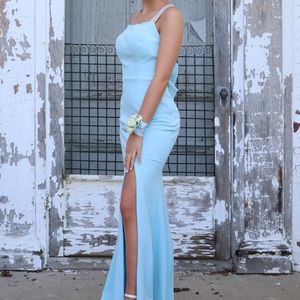 Betsy & Adam Light blue backless prom/floor length dress